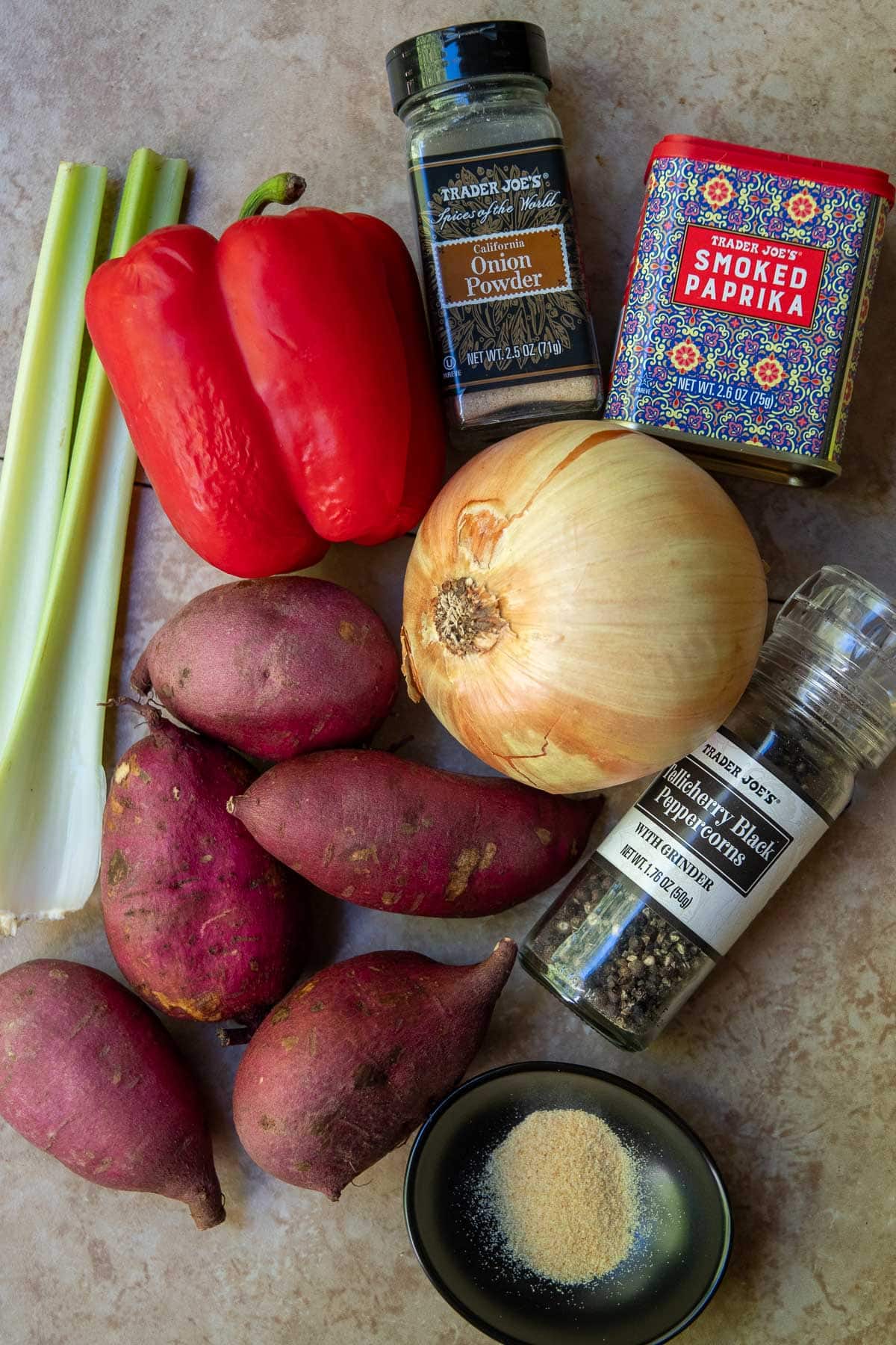 All the ingredients needed for the sweet potato breakfast hash placed together. 